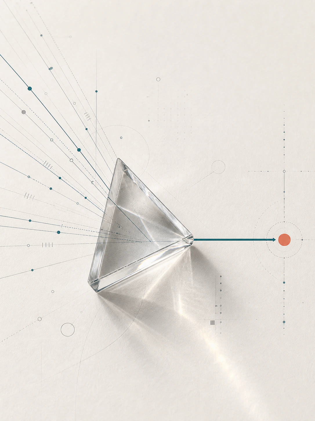 A glass prism condenses many policy signals into one prioritized decision path