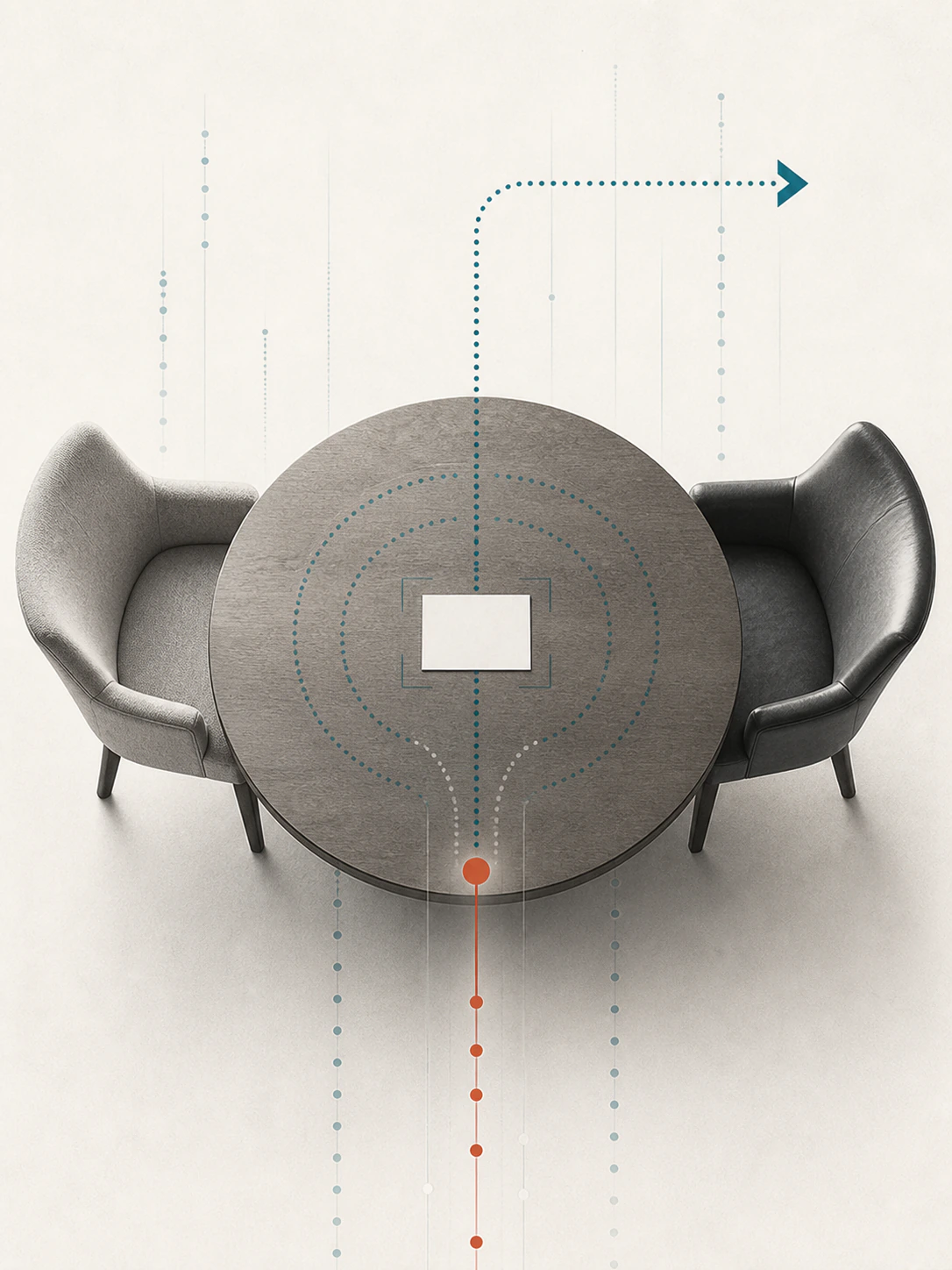 Two chairs and one decision card frame a focused path from issue to next move
