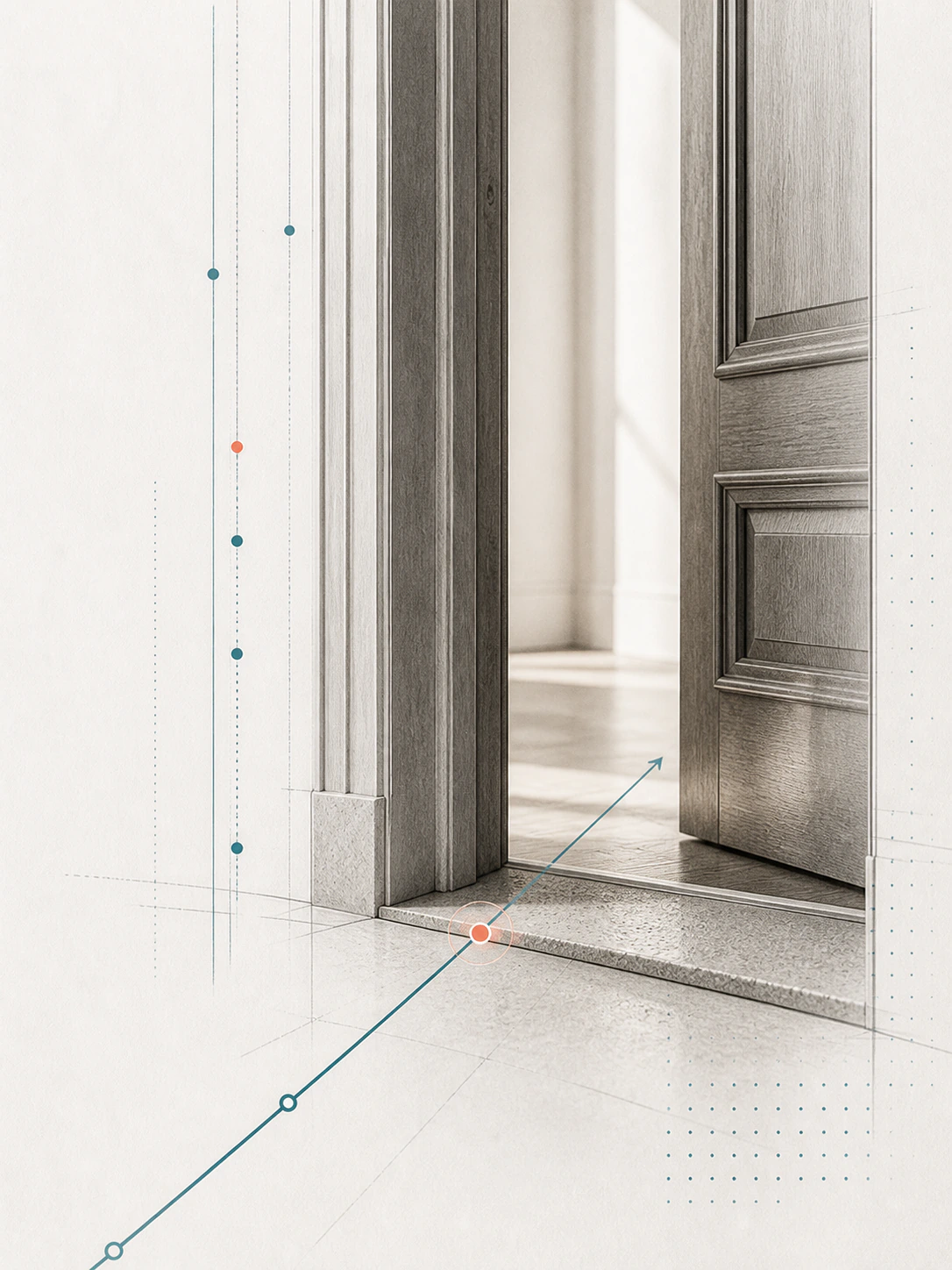 A single teal route crosses a coral threshold through an open doorway