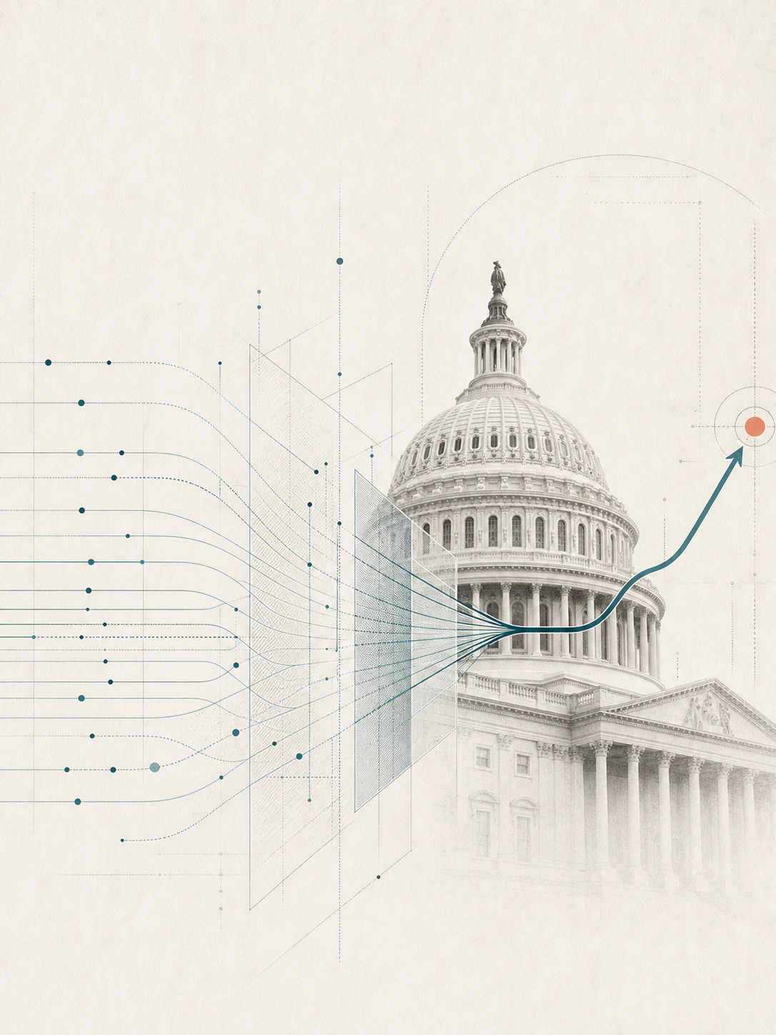 The United States Capitol framed by evidence signals converging toward one decisive action point