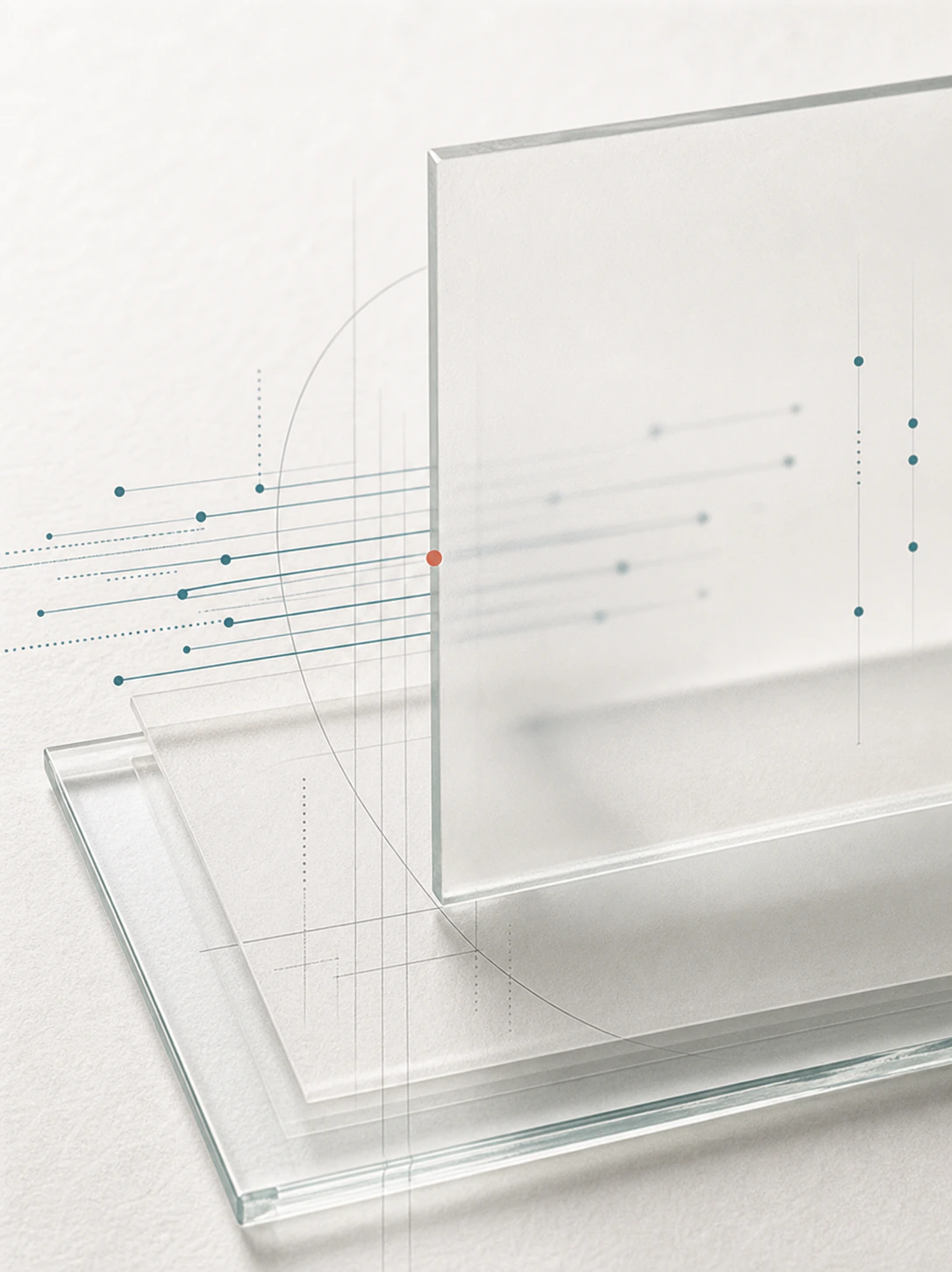 Information traces pass through layered frosted boundaries with one controlled permission point