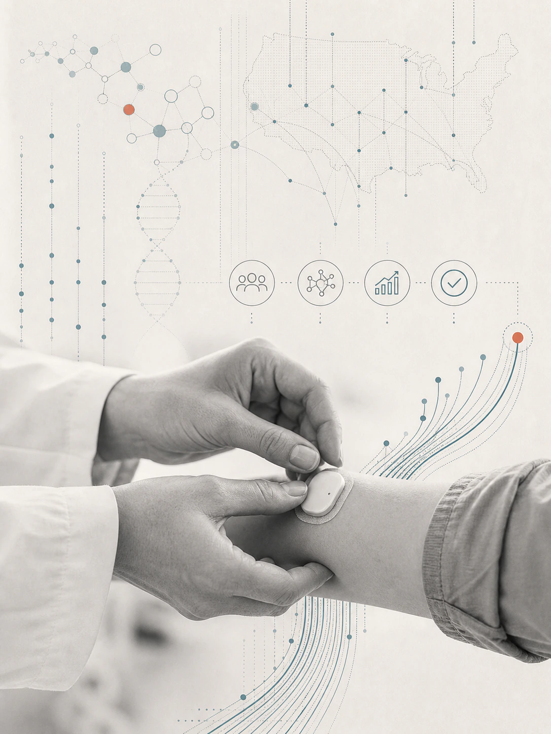 A clinician fits a connected medical sensor as scientific evidence flows through access and adoption pathways