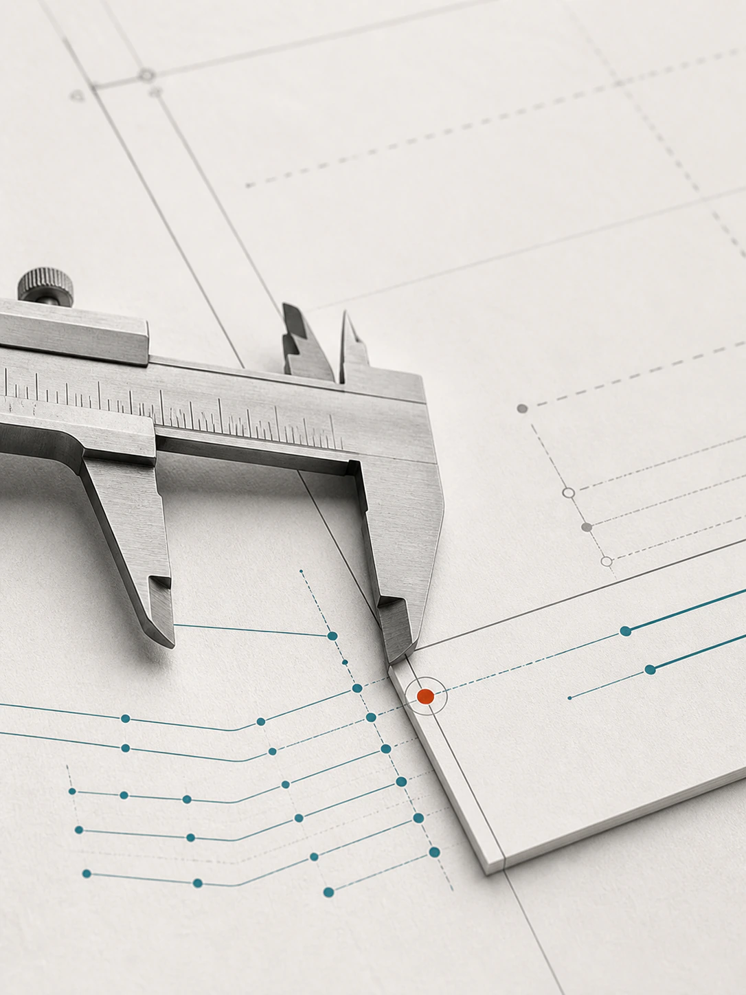 Precision calipers define a clear review boundary between layered paper planes