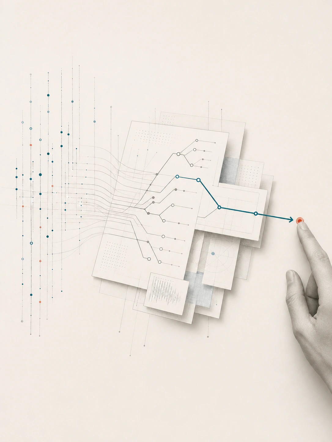 A hand selects a decisive action point as policy signals converge through a tailored strategy map